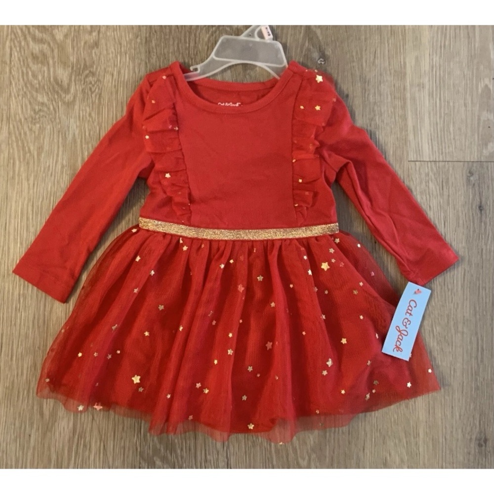 (NWT) Cat & Jack Girl’s Size 12 Mon Red & Gold Formal Dress With Tulle Overlay